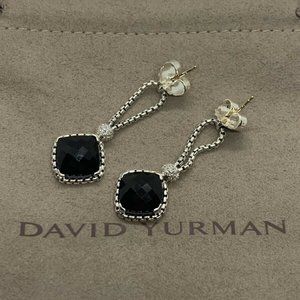 David Yurman Sterling Silver Black Onyx Cushion on Point Diamond Chain Earrings